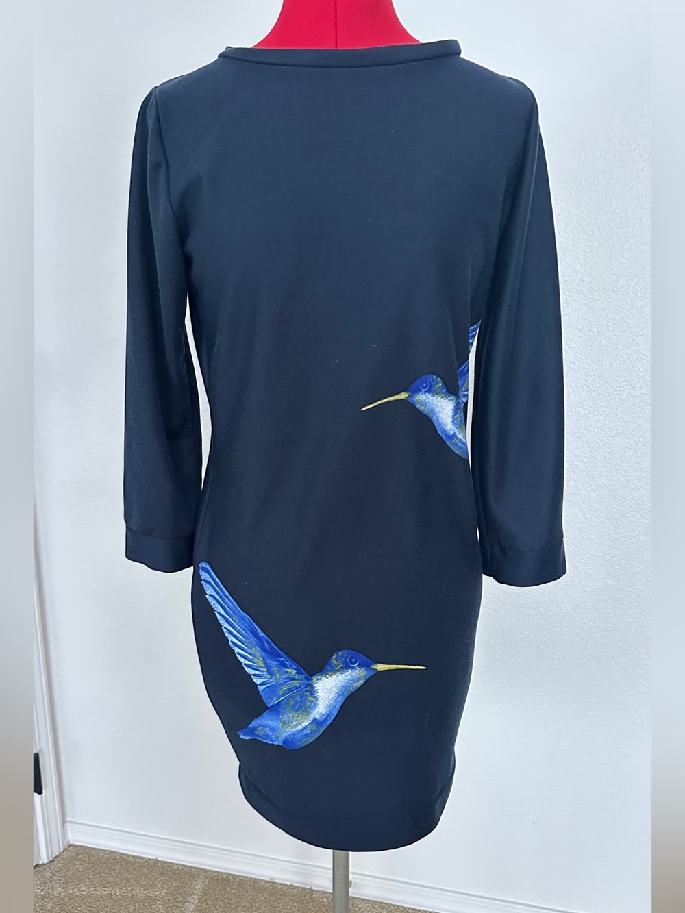 Women’s Navy Blue Hummingbird Print Sheath Dress XS